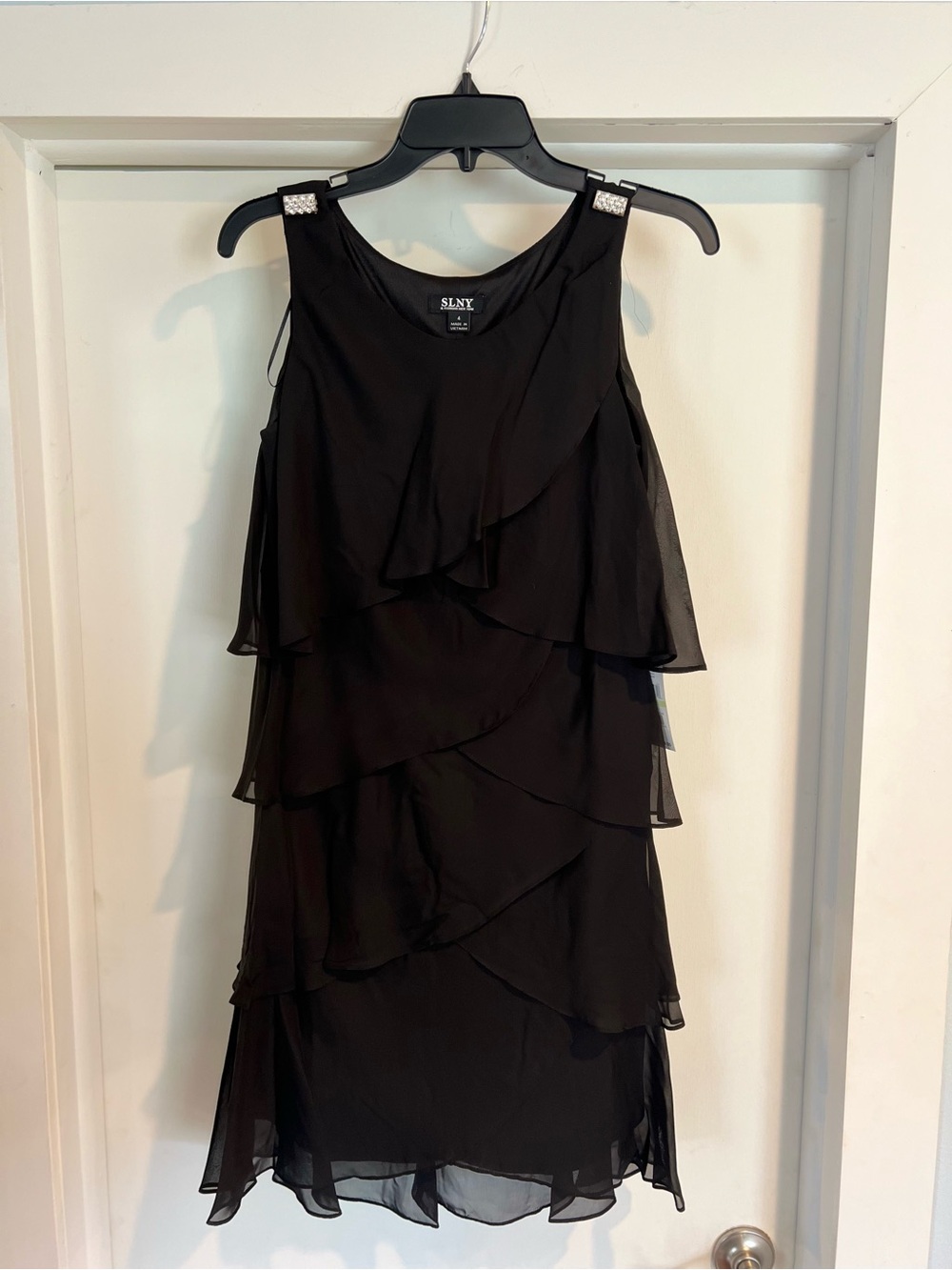SLNY Black Tiered Chiffon Mini Dress with Jewel Straps